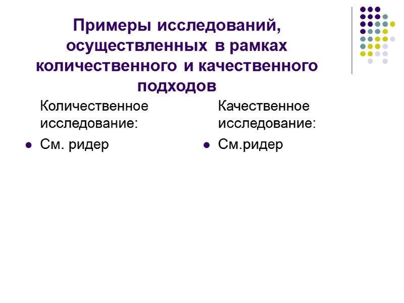 Примеры исследований, осуществленных в рамках количественного и качественного подходов  Количественное исследование: См. ридер